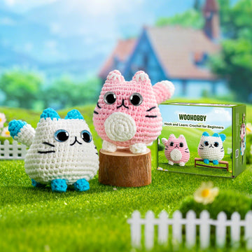 Beginner learning how to crochet amigurumi with a finished stuffed animal